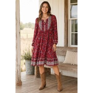 W Wrapper Tunic Dress Womens L Red Floral Harvest Print Rayon Farmhouse Country
